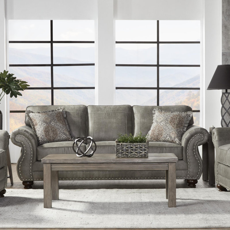 Faux Leather Upholstered Nailhead Sofa Canora Grey Upholstery Color Espresso